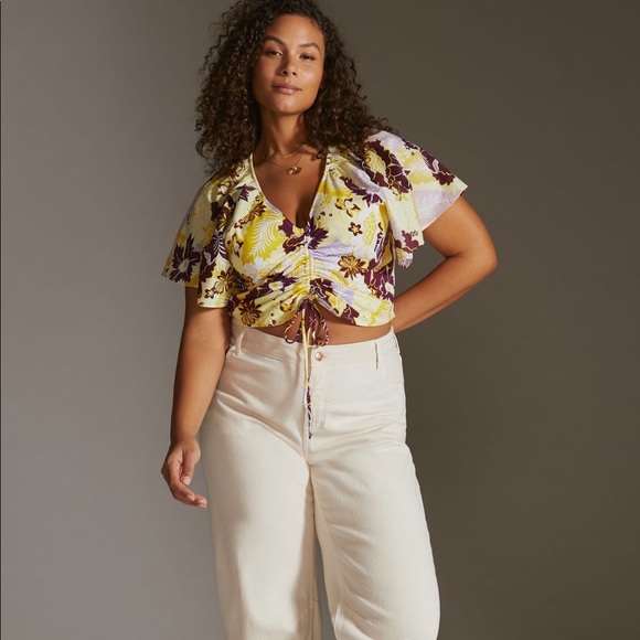 NWT Maeve by Anthropologie cropped cinched floral flutter sleeve top, size 1X - Picture 3 of 6